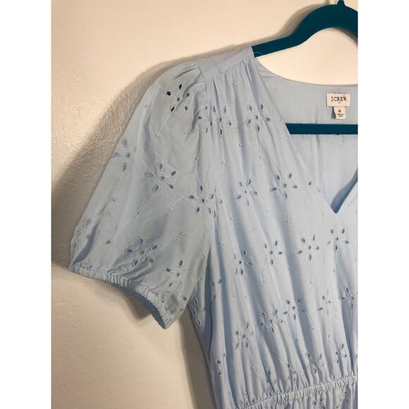 J. Crew Midi Dress Women's 8 Blue V Neck Puff Sleeve Eyelet Tiered Feminine - Picture 5 of 15